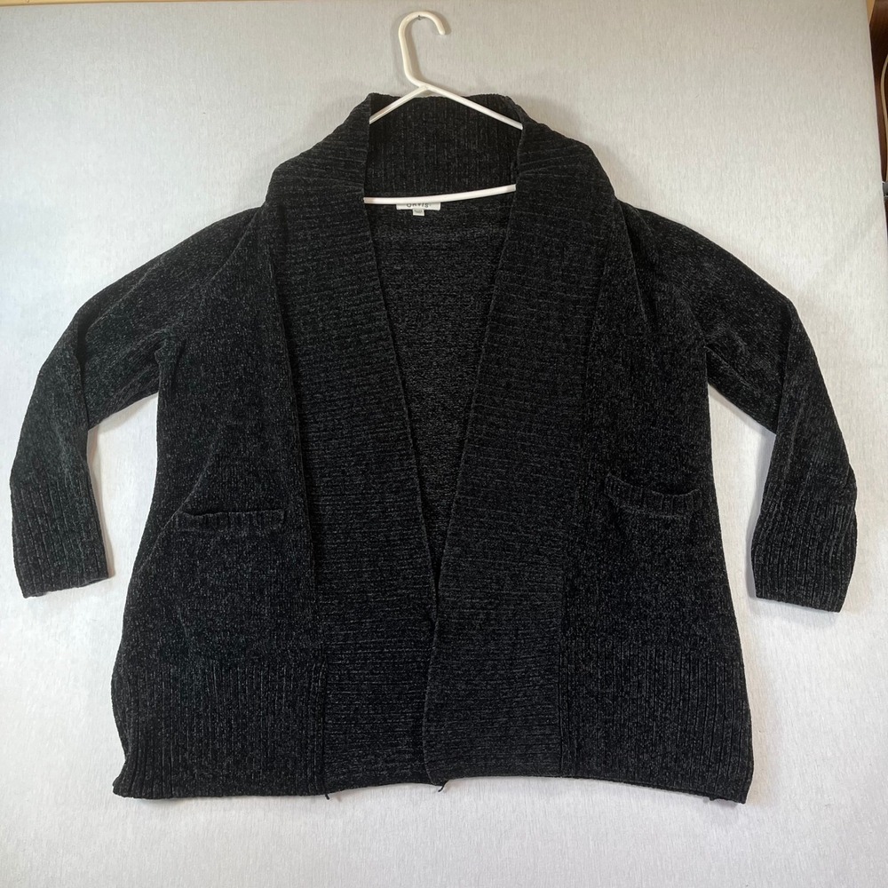 Orvis Chenille Open Front Cardigan Womens XL Black Shawl Collar Pocket Sweater